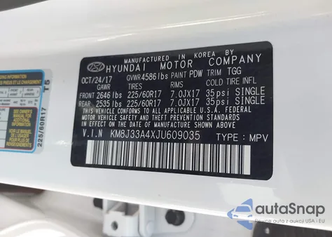 2018 Hyundai Tucson Sel z USA, uszkodzony, nr VIN KM8J33A4XJU609035